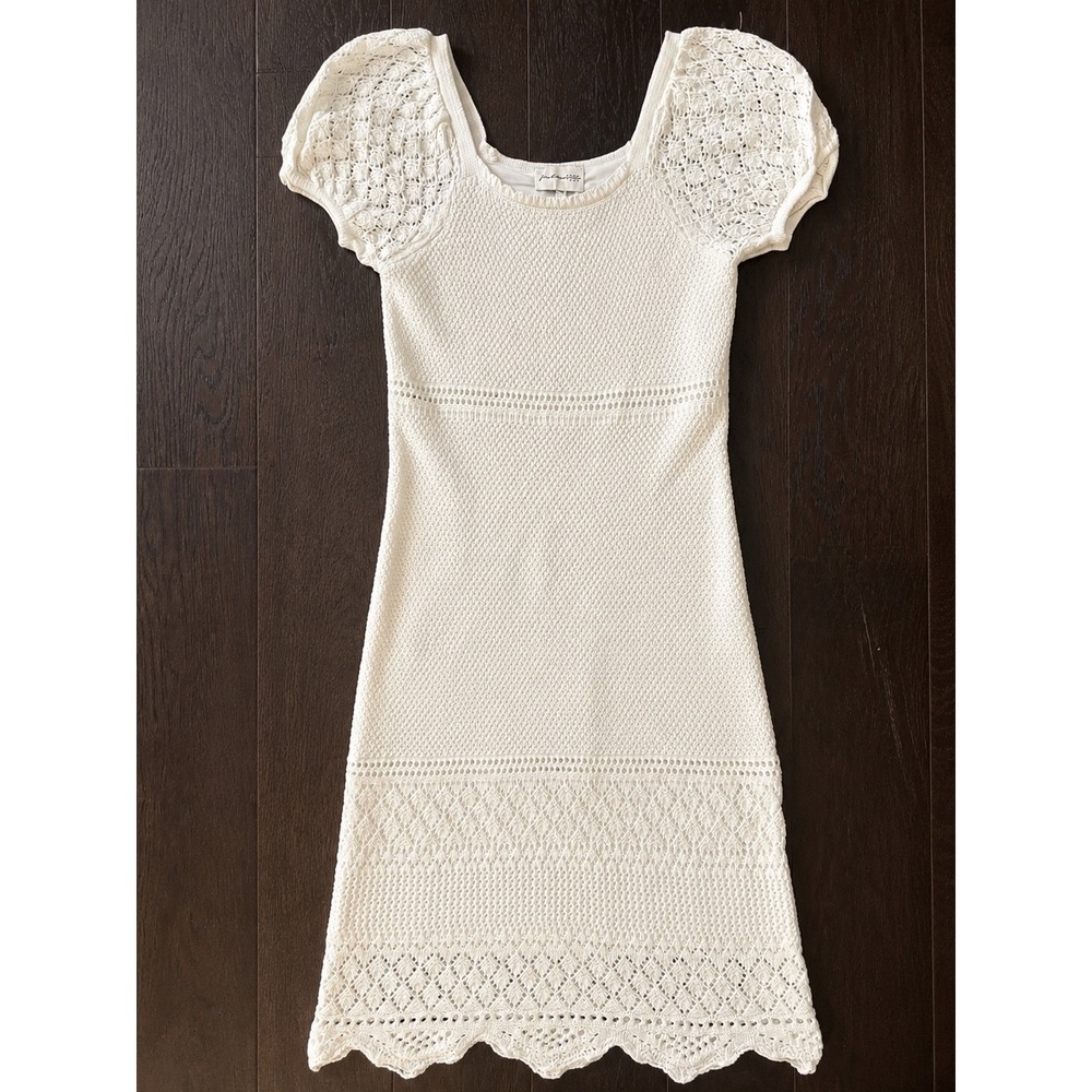 Freshman 1996 Cream Crochet Knit Puff Sleeve Midi Dress Scalloped Hem Medium